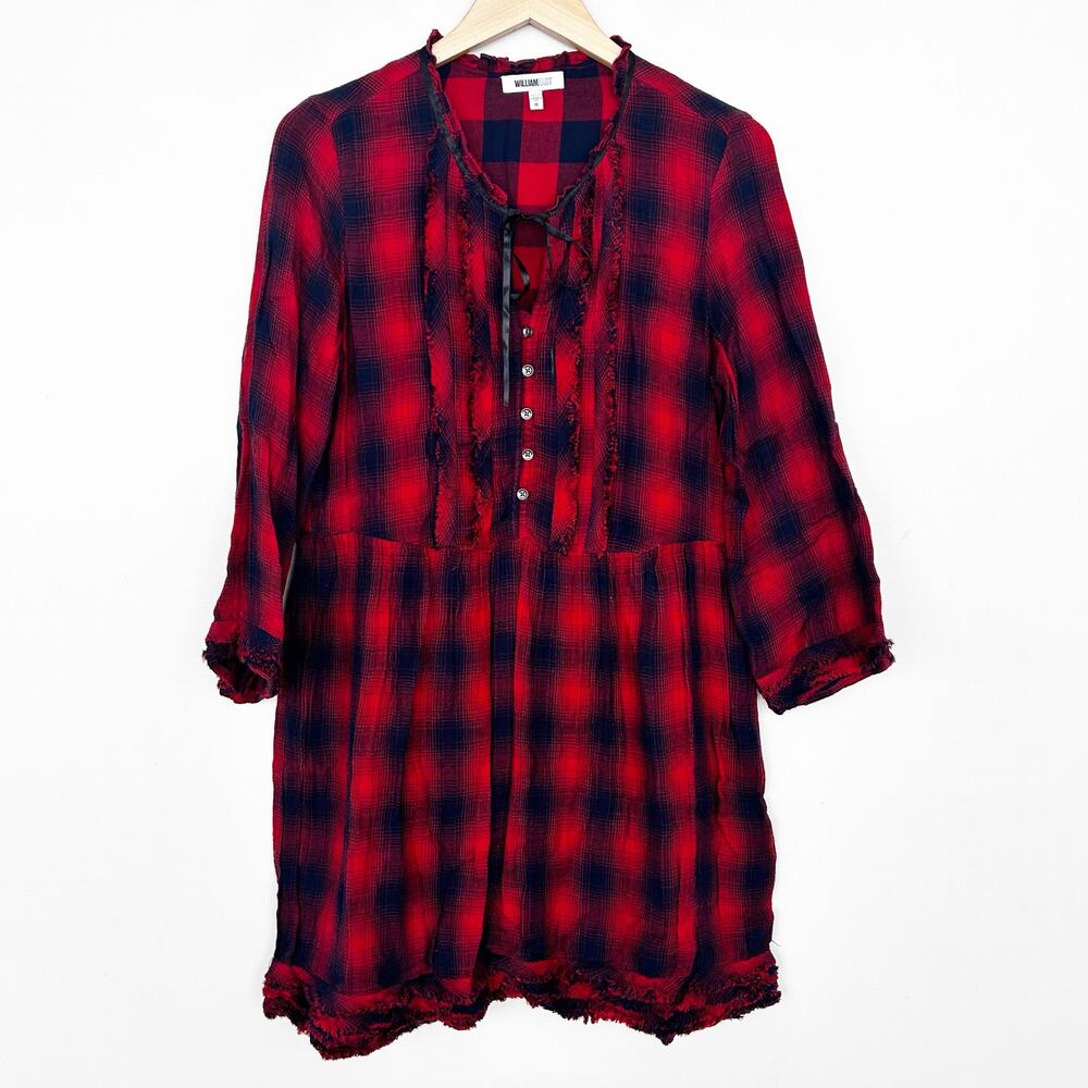 William Rast Red Plaid Popover Long Sleeve Dress Sz M
